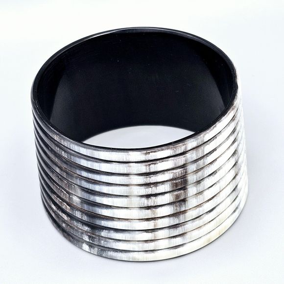 Ombre Wide Bangle Bracelet Ivory Black Ribbed Tribal Statement Jewelry - Picture 6 of 6